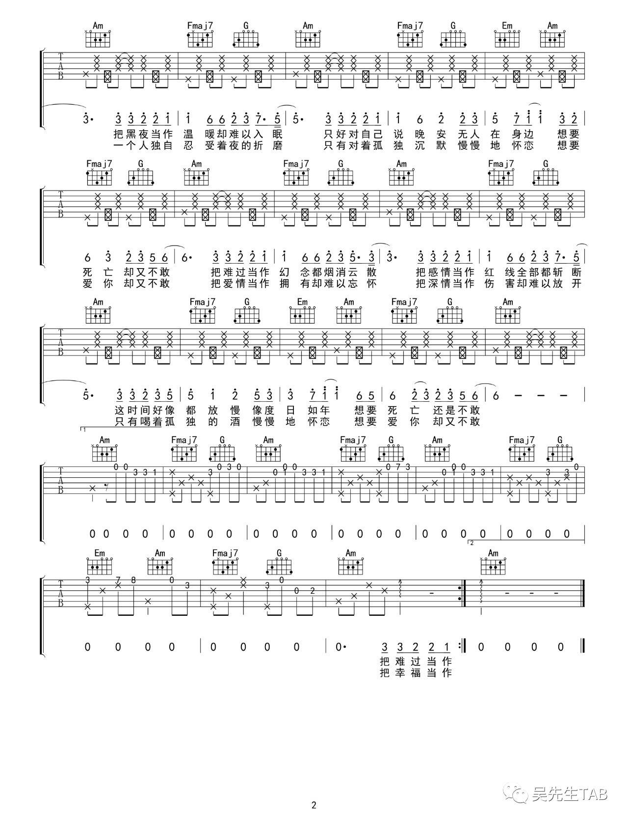 井胧-把孤独当做晚餐/想死却又不敢-吉他谱-抖音