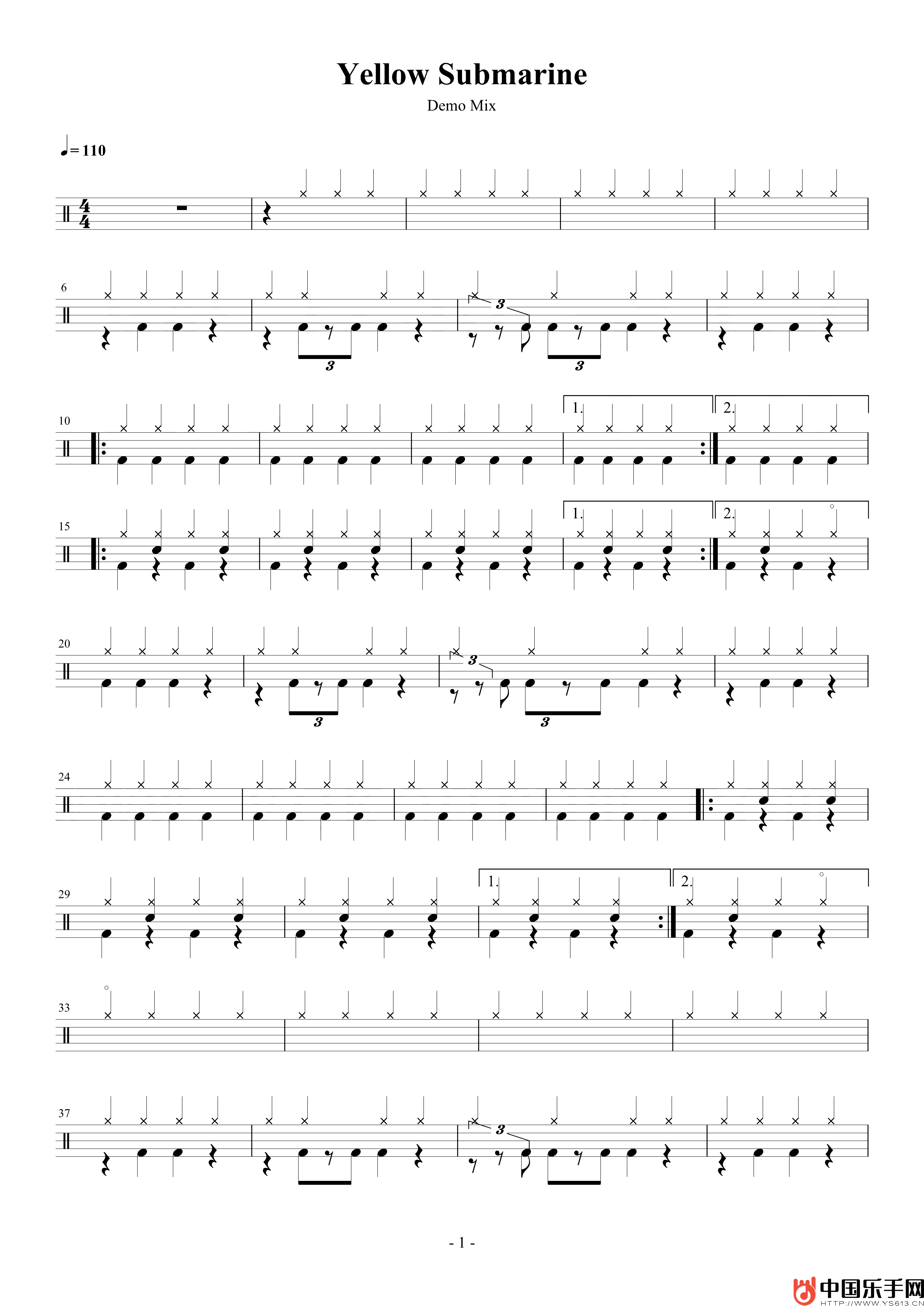 The Beatles Yellow Submarine架子鼓鼓譜 [高清譜]