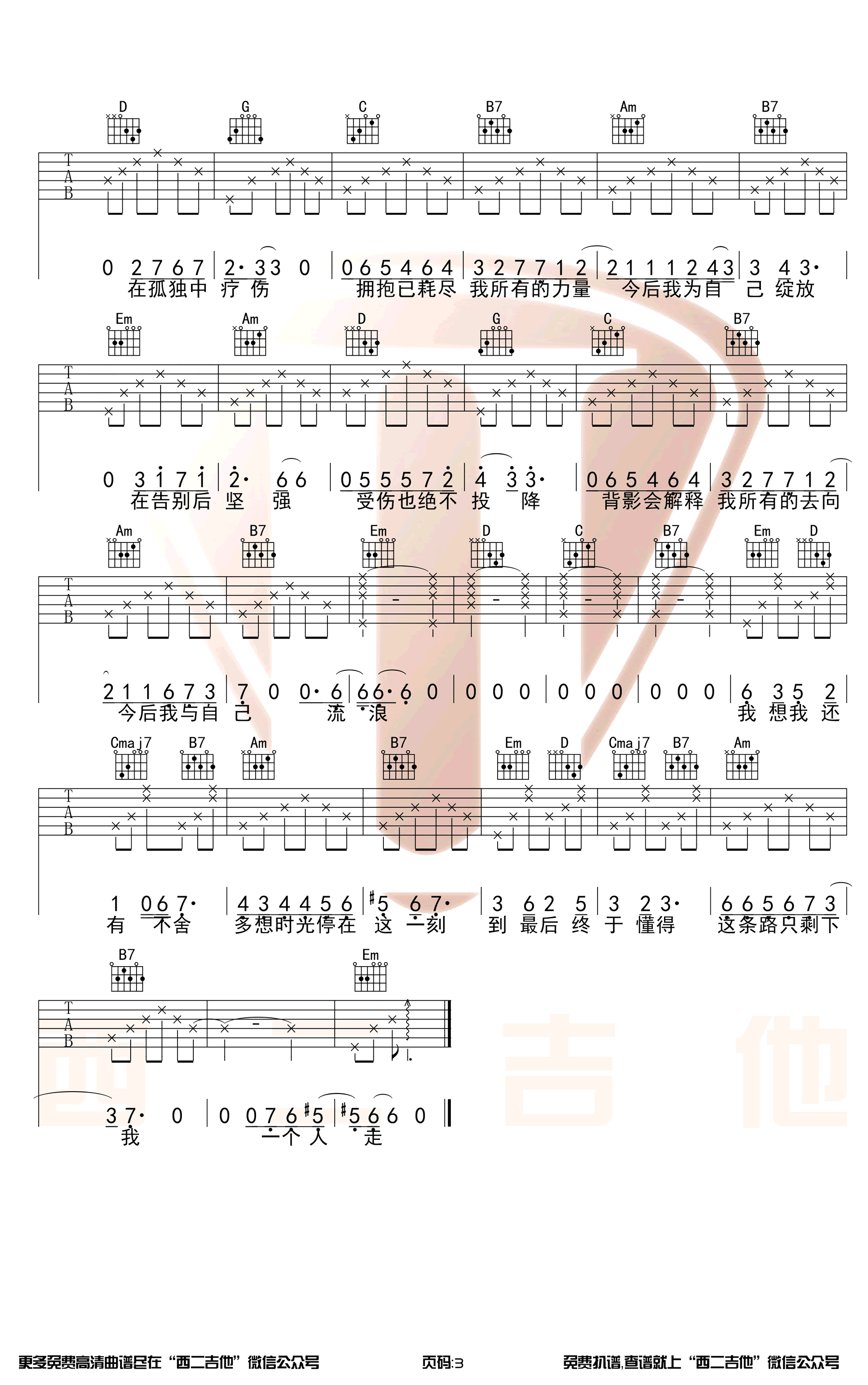 今后我與自己流浪吉他譜_張碧晨_G調(diào)原版_彈唱六線譜