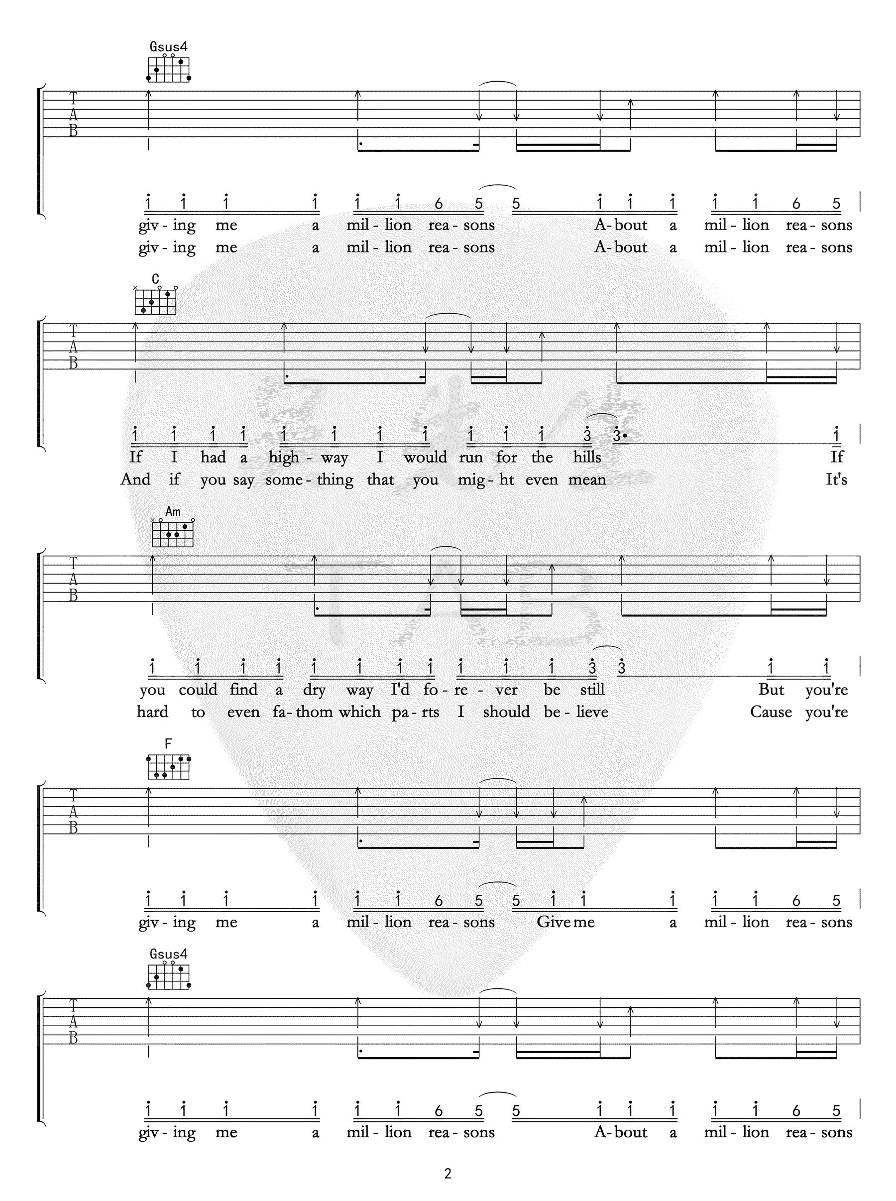 Million Reasons吉他譜_lady Gaga_C調彈唱譜_簡單版