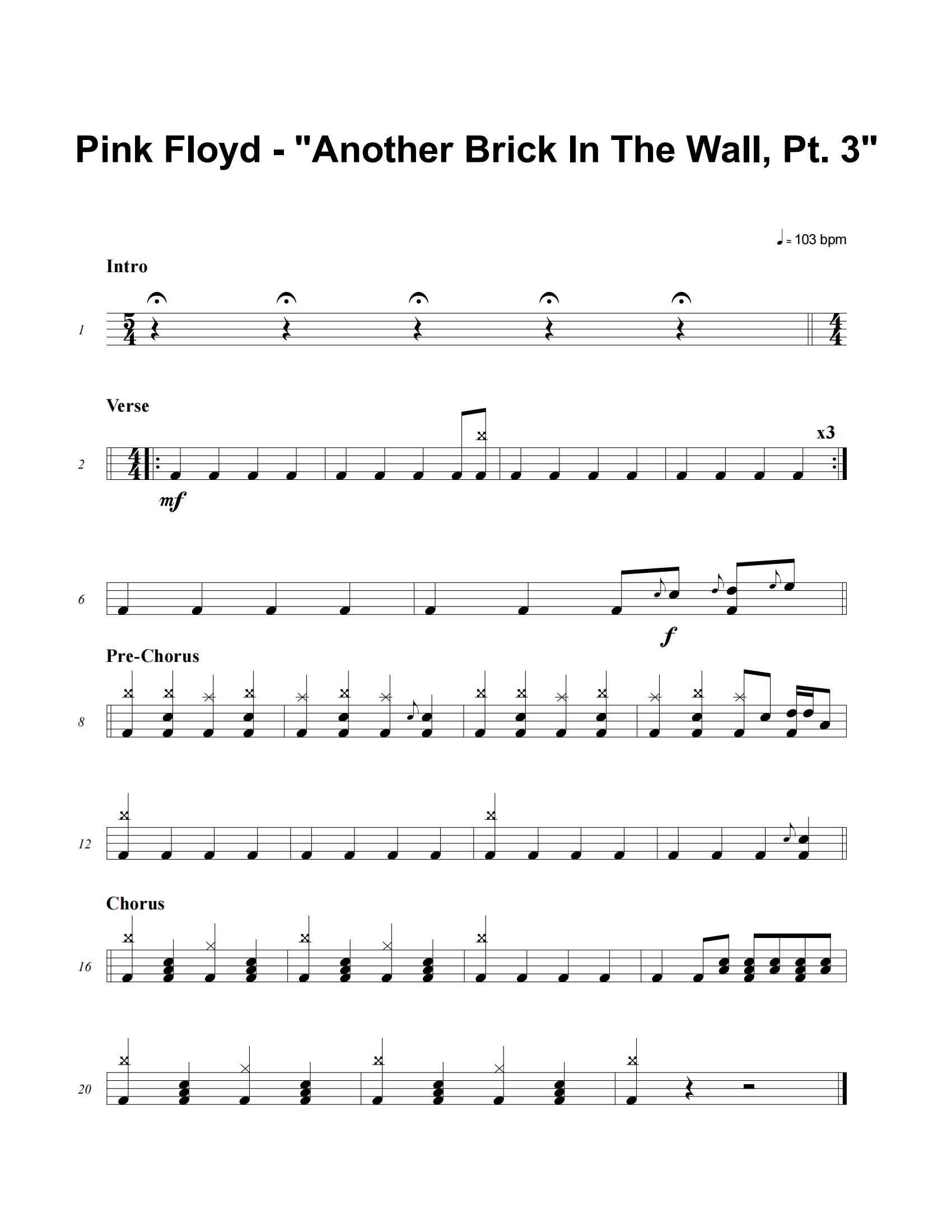 Another Brick In The Wall, Pt. 3鼓譜 Pink Floyd《Another Brick 