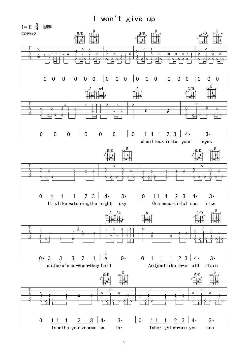 《I Won't Give Up》我不會(huì)放棄吉他譜六線譜-Jason Mraz