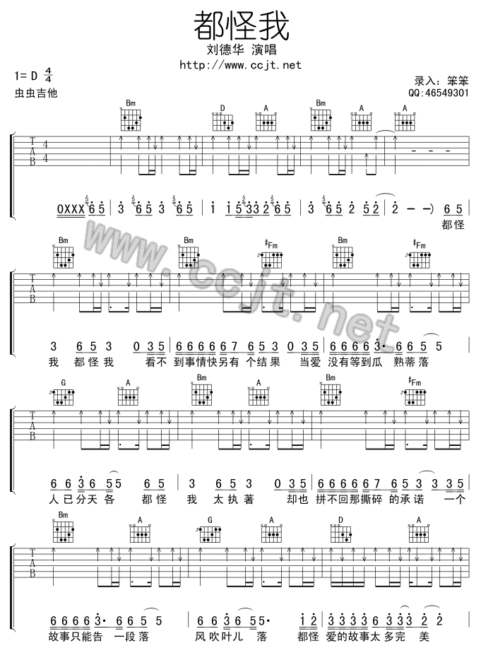 《都怪我》吉他譜六線譜D調-劉德華