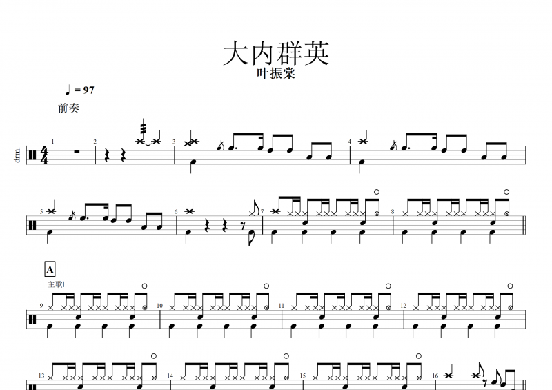 大內群英鼓譜  葉振棠《大內群英》架子鼓譜