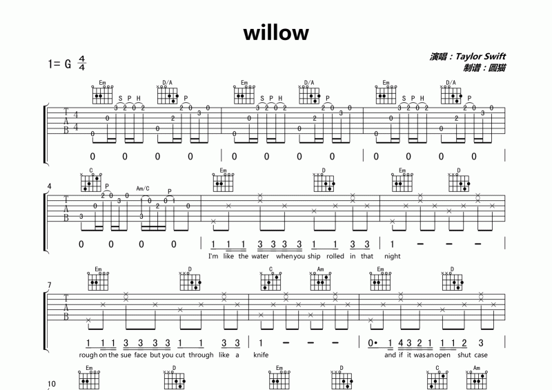 willow吉他譜 Taylor Swift-willow(原版)吉他彈唱