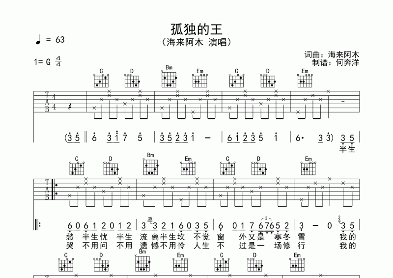 海來阿木《孤獨的王》吉他譜六線譜G調彈唱