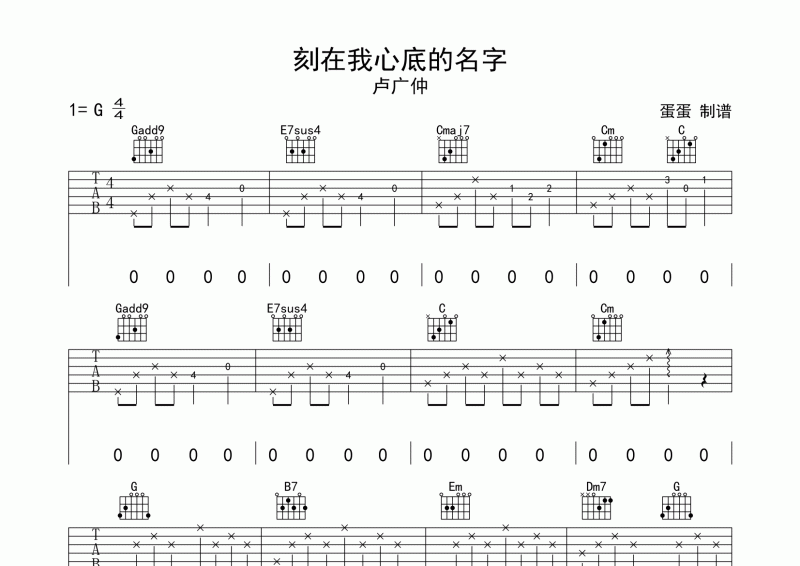 盧廣仲-刻在我心底的名字吉他譜六線譜G調(diào)