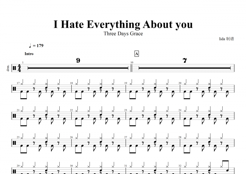 Three Days Grace-I Hate Everything About you架子鼓譜+動態鼓譜