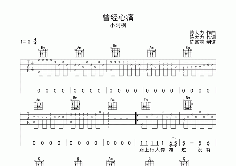 曾經(jīng)心痛鋼琴譜 小阿楓《曾經(jīng)心痛》五線譜