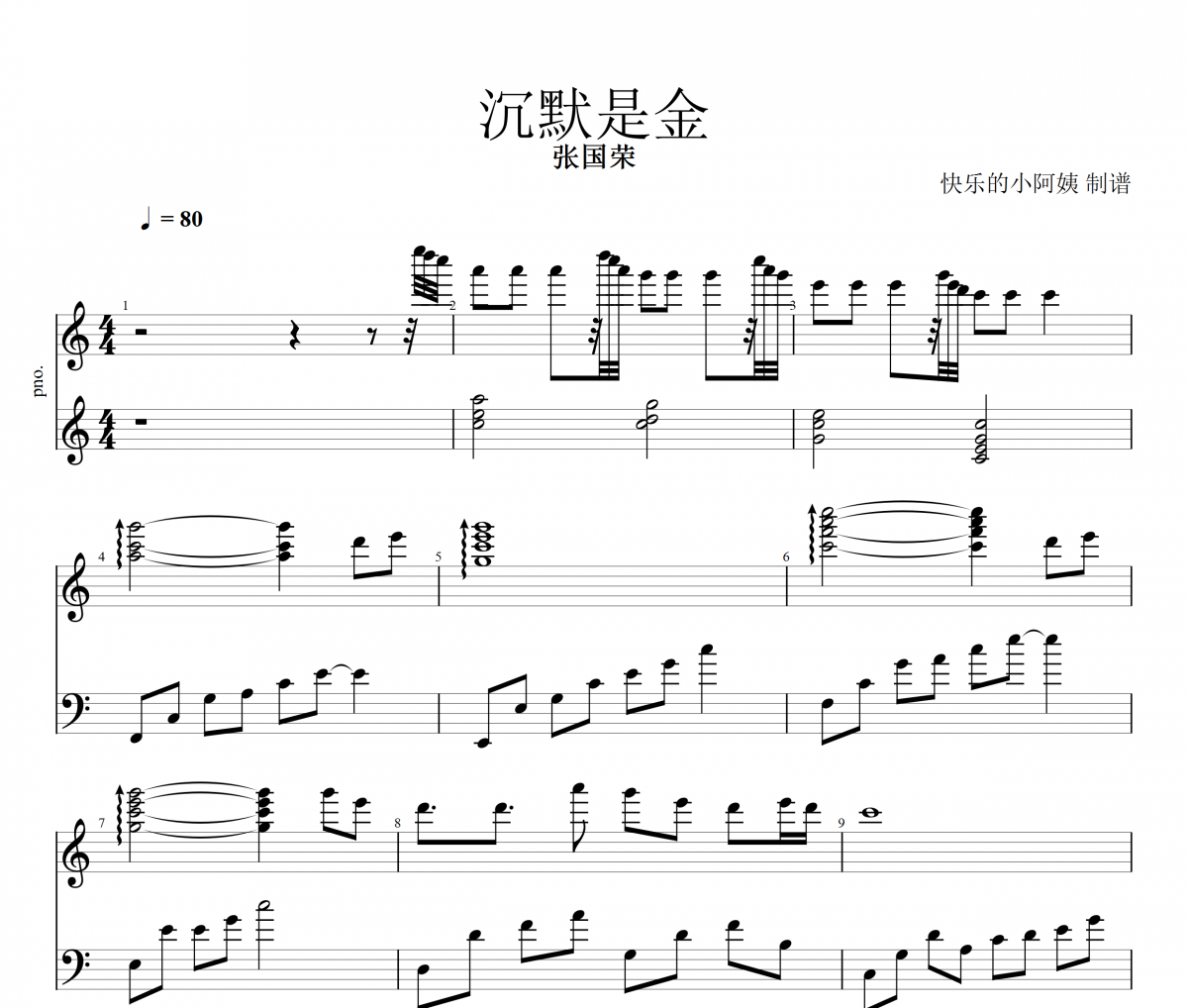 沉默是金鋼琴譜 張國榮《沉默是金》五線譜C調