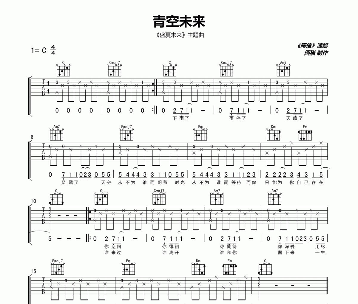 青空未來吉他譜 阿信《青空未來》六線譜C調