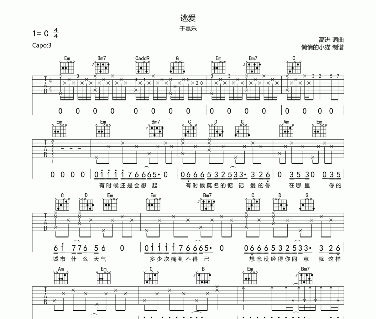 逃愛吉他譜 于嘉樂《逃愛》六線譜C調(diào)