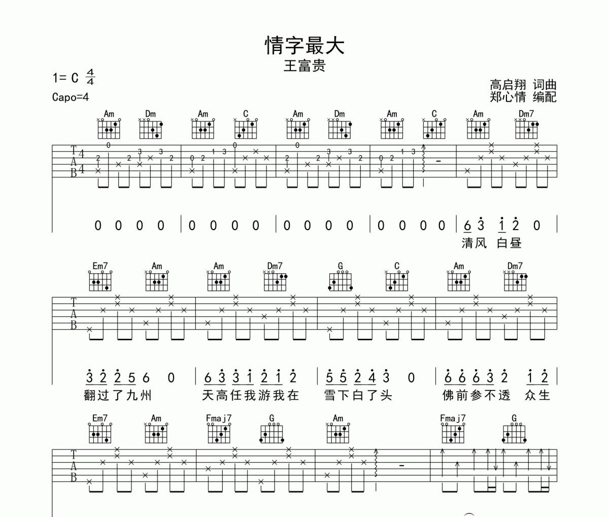 情字最大吉他譜 王富貴《情字最大》六線譜C調(diào)