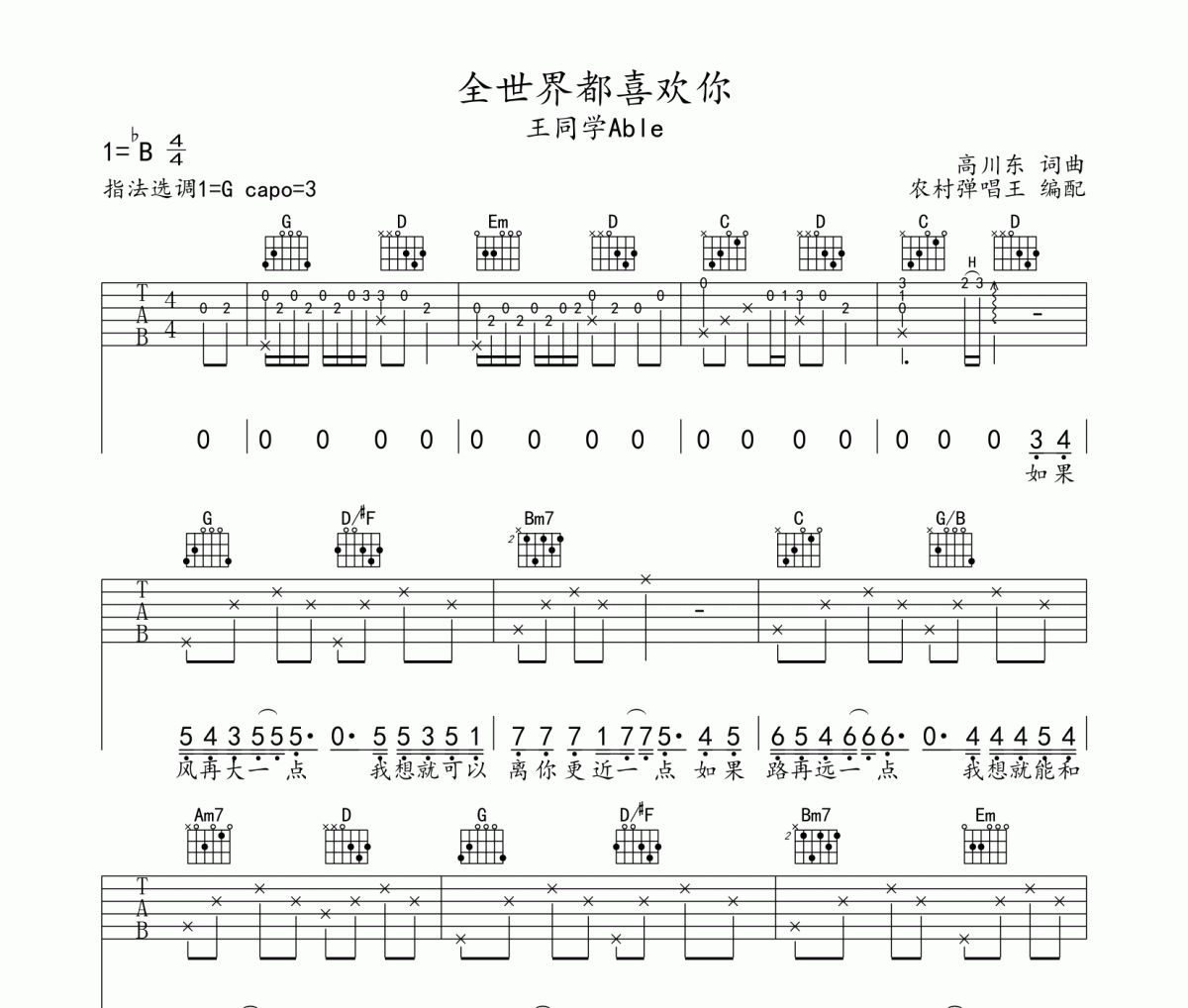 全世界都喜歡你吉他譜 王同學(xué)Able-全世界都喜歡你六線(xiàn)譜G調(diào)