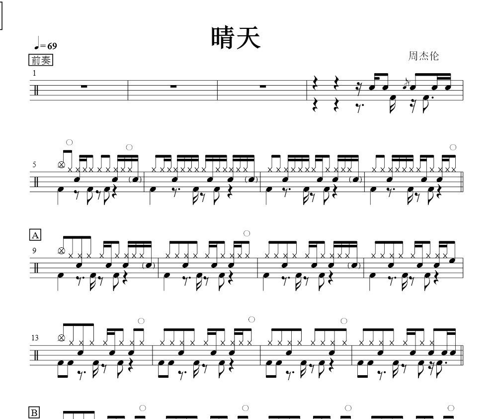 周杰倫《晴天》架子鼓譜爵士曲譜