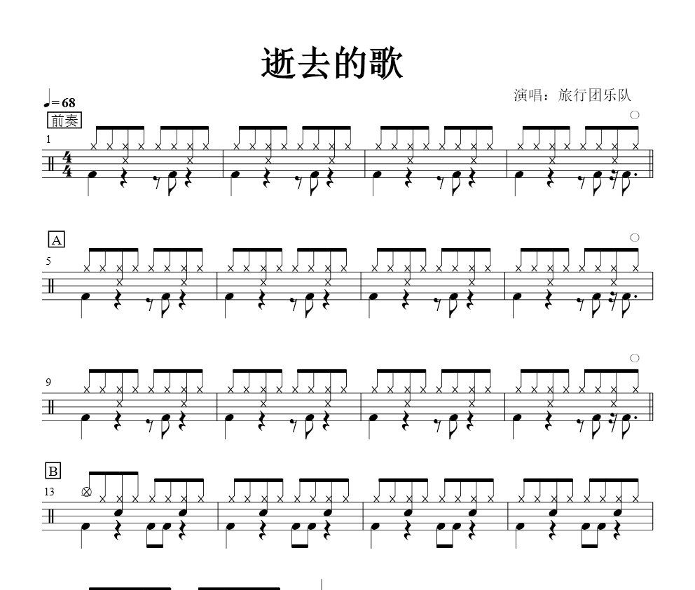 旅行團樂隊《逝去的歌》架子鼓譜爵士鼓曲譜
