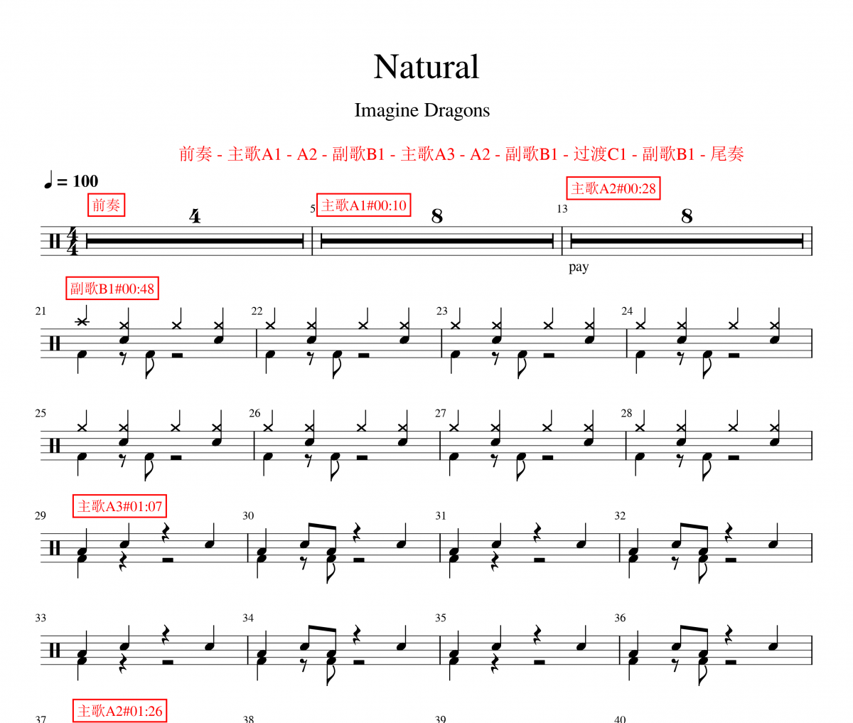 natural鼓譜 Imagine Dragons-natural架子鼓譜
