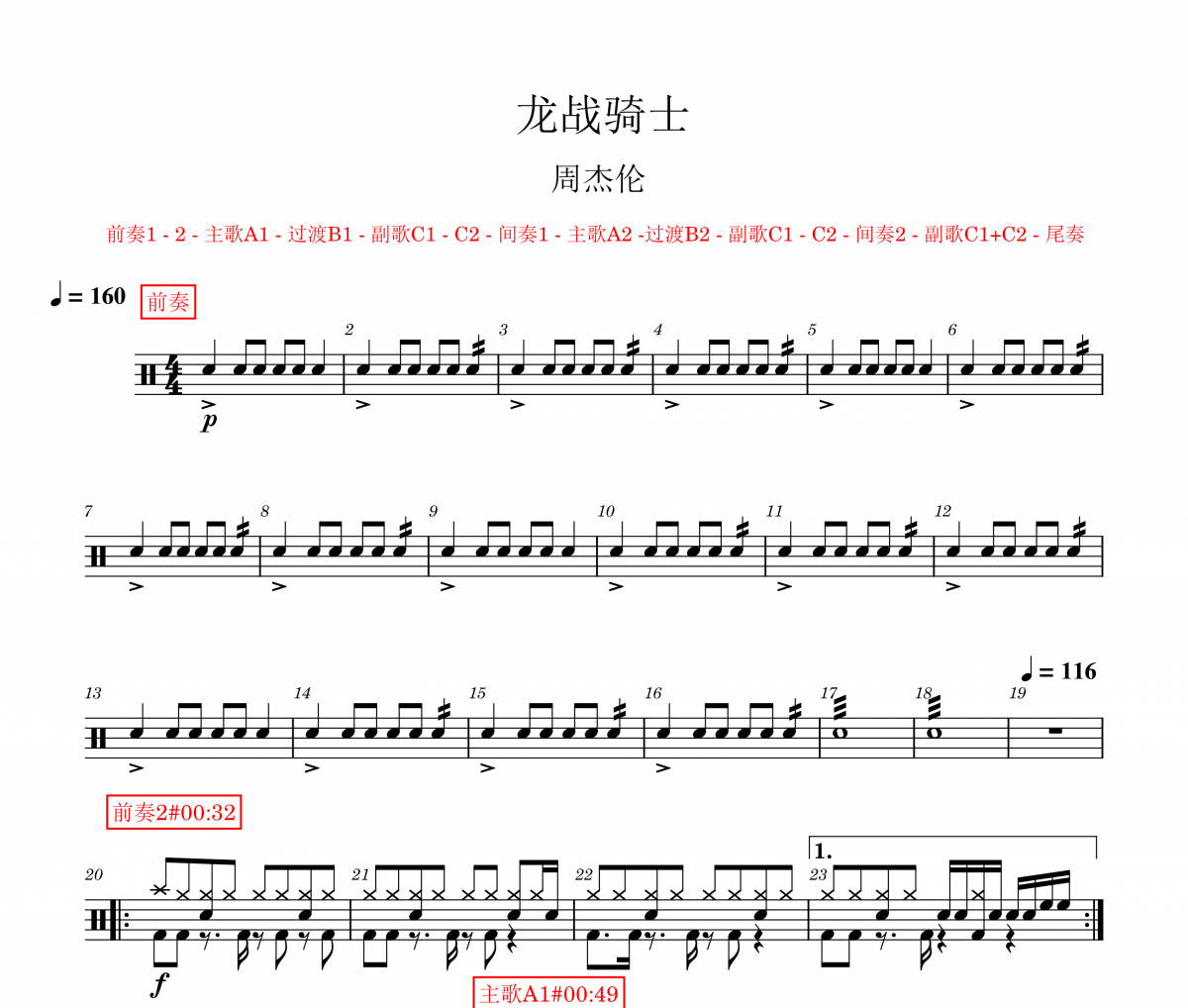 龍戰騎士鼓譜 周杰倫-龍戰騎士架子鼓譜