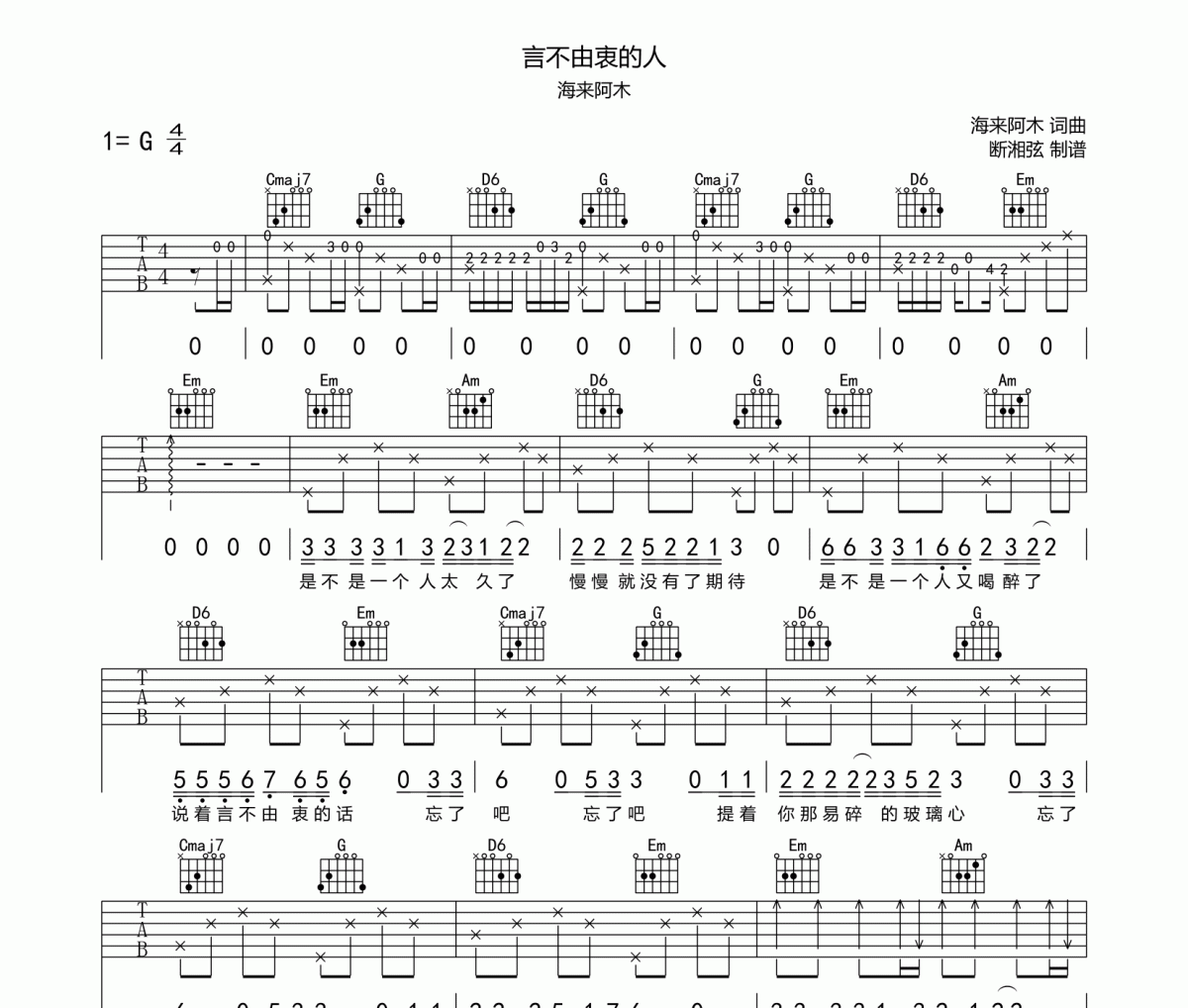 言不由衷的人吉他譜 海來阿木《言不由衷的人》六線譜