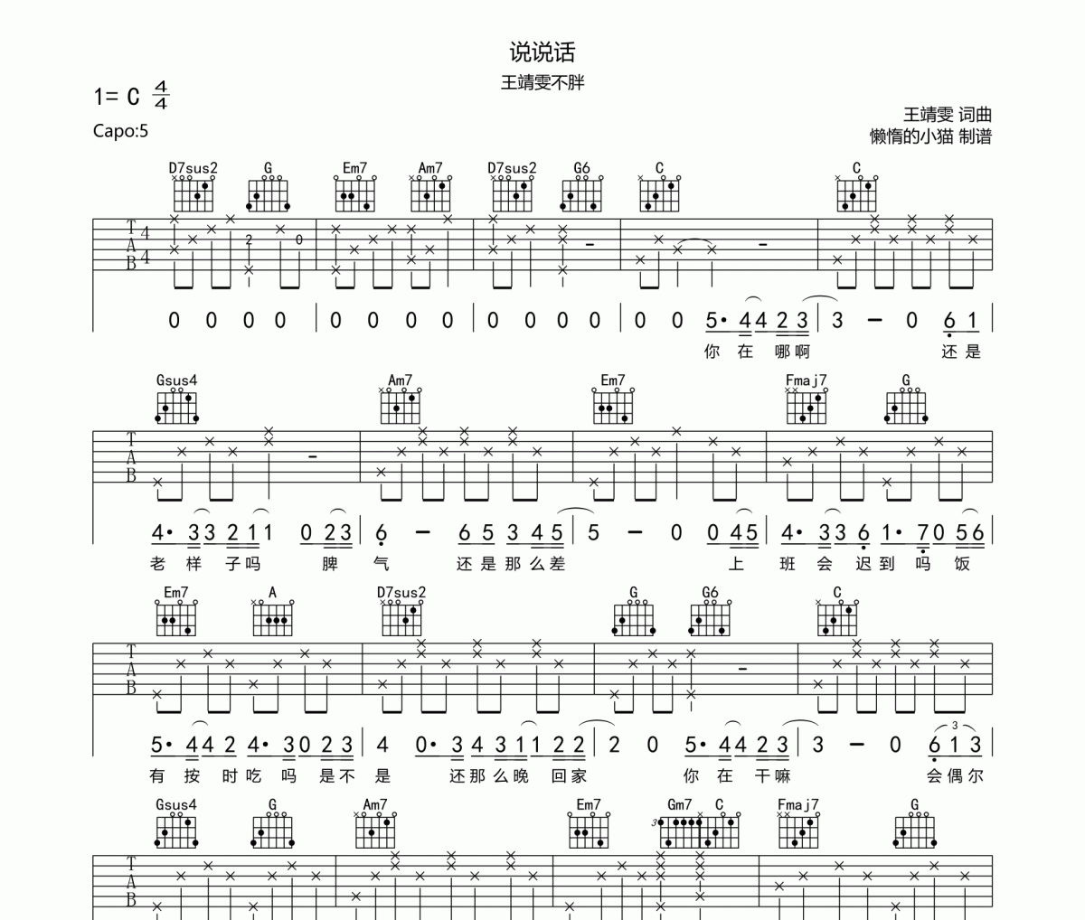 王靖雯不胖《說說話》吉他譜彈唱C調編配