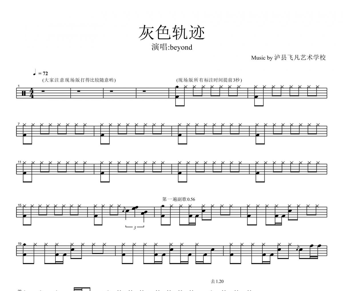 beyond樂隊-灰色軌跡(1991紅磡Live版)架子鼓譜爵士鼓曲譜