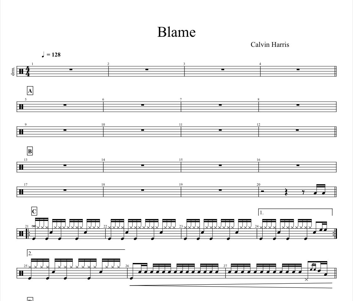 Blame鼓譜 Calvin Harris&John Newman-Blame架子鼓譜