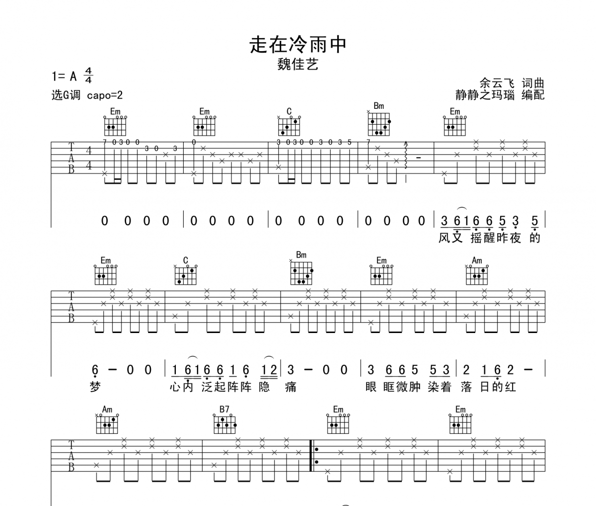 走在冷雨中吉他譜 魏佳藝-走在冷雨中六線譜G調(diào)編配