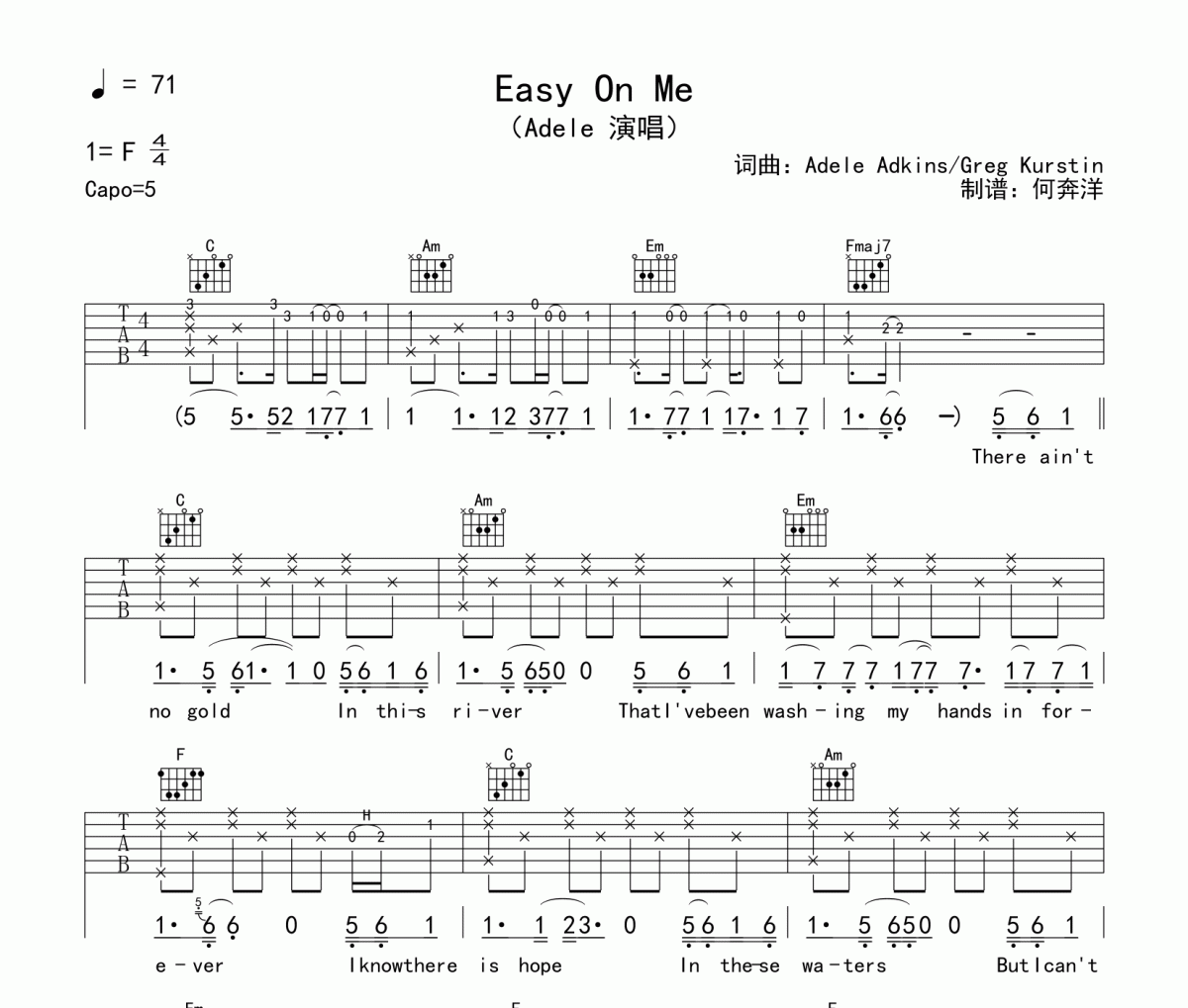 Easy On Me吉他譜 Adele-Easy On Me六線譜C調