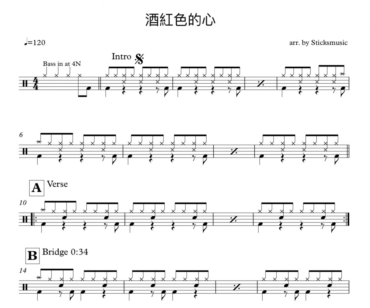 酒紅色的心鼓譜 譚詠麟/安全地帶-酒紅色的心架子鼓譜