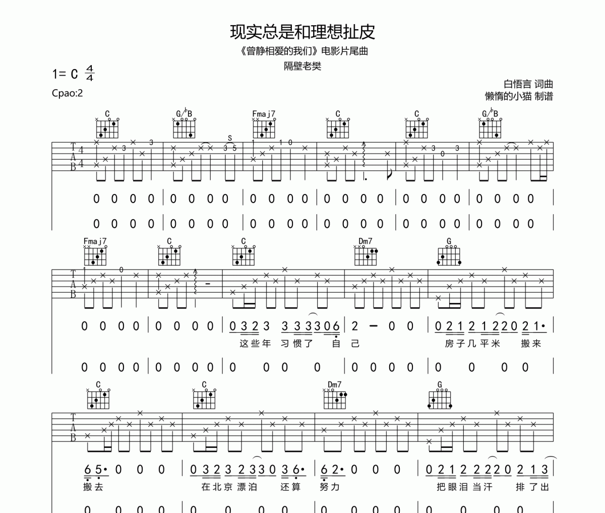 現(xiàn)實(shí)總是和理想扯皮六線譜 隔壁老樊-現(xiàn)實(shí)總是和理想扯皮吉他譜