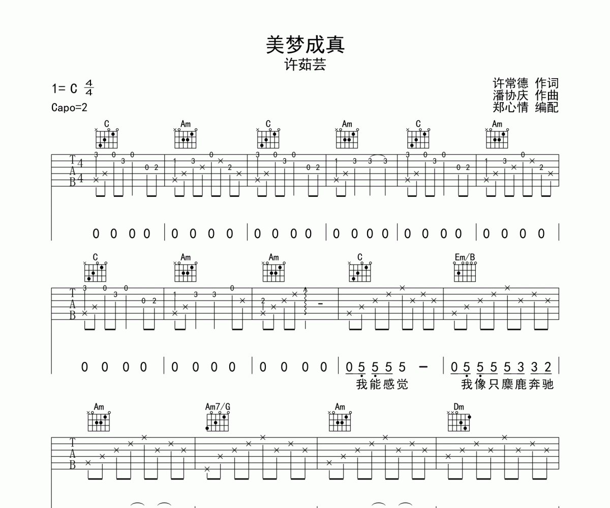 美夢成真吉他譜 許茹蕓-美夢成真六線譜C調(diào)