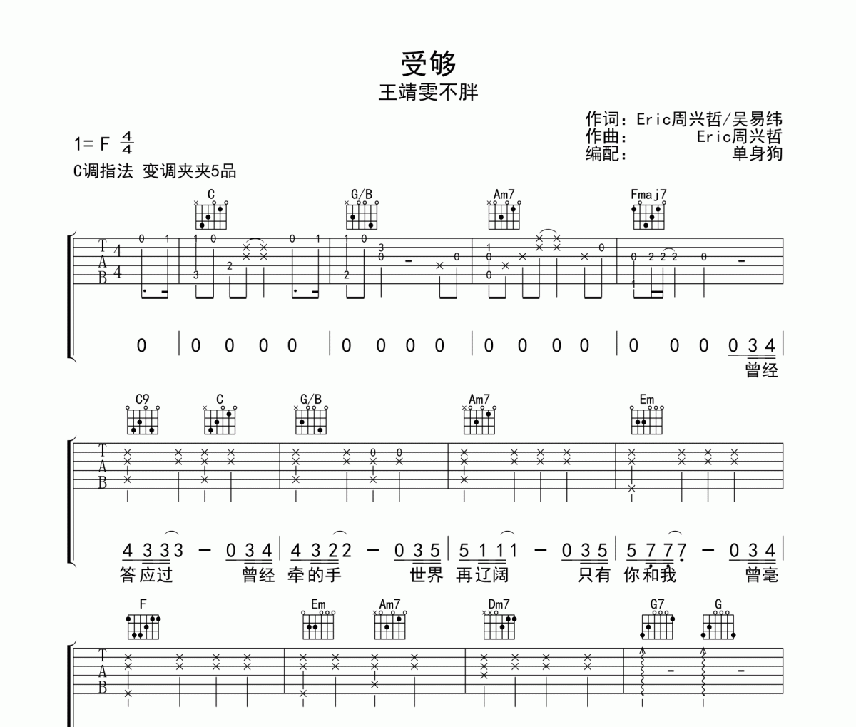 王靖雯不胖《受夠》吉他譜六線譜C調(diào)指法