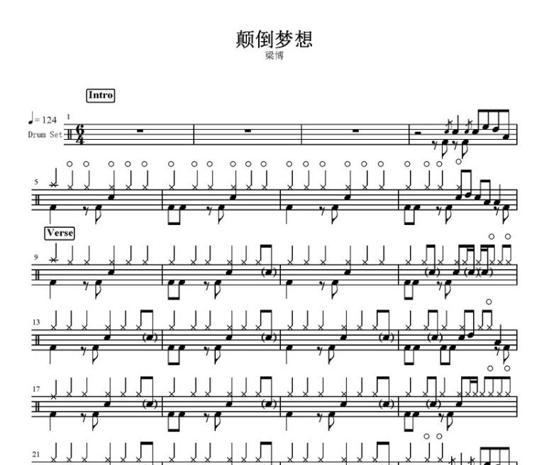 顛倒夢想鼓譜 梁博-顛倒夢想架子鼓譜