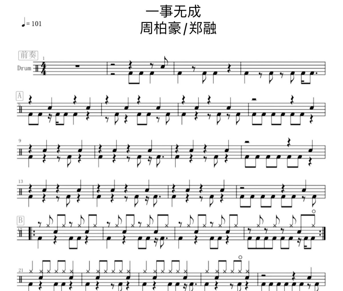 一事無成鼓譜 周柏豪/鄭融-一事無成架子鼓譜