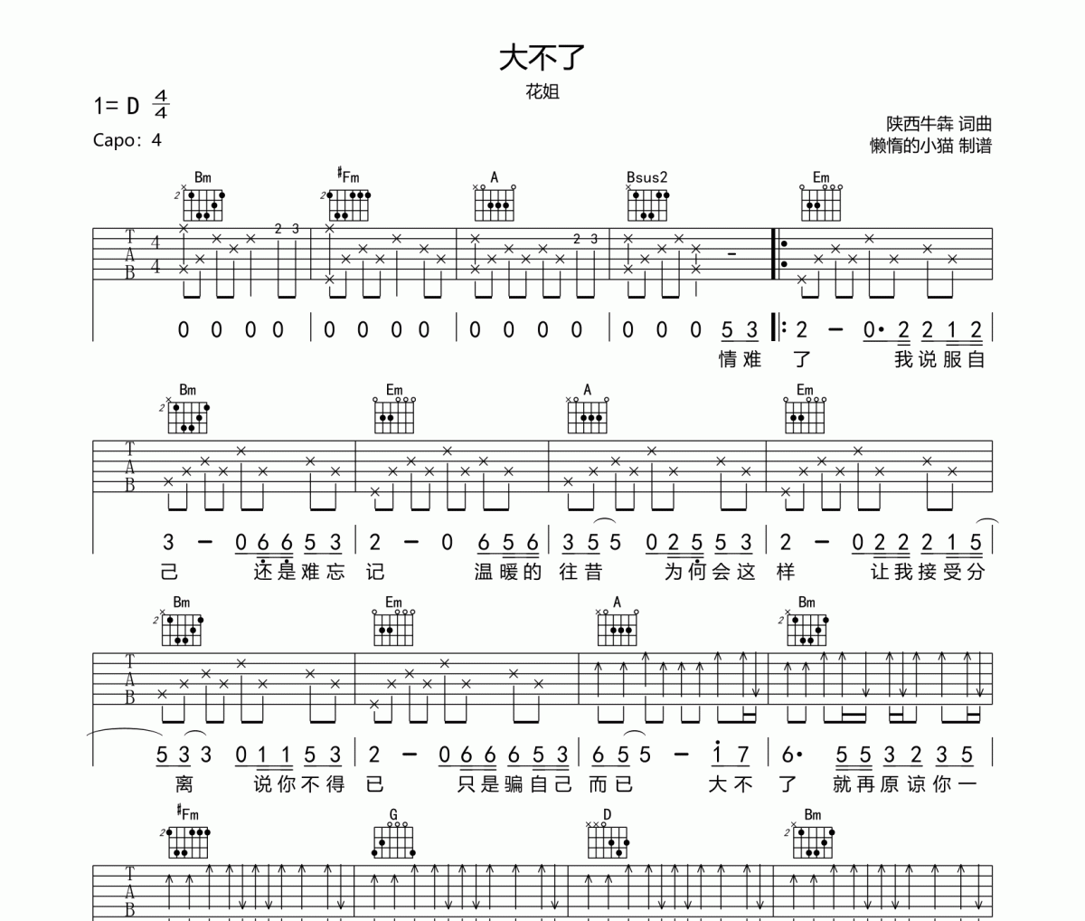大不了吉他譜 花姐-大不了六線譜D調編配