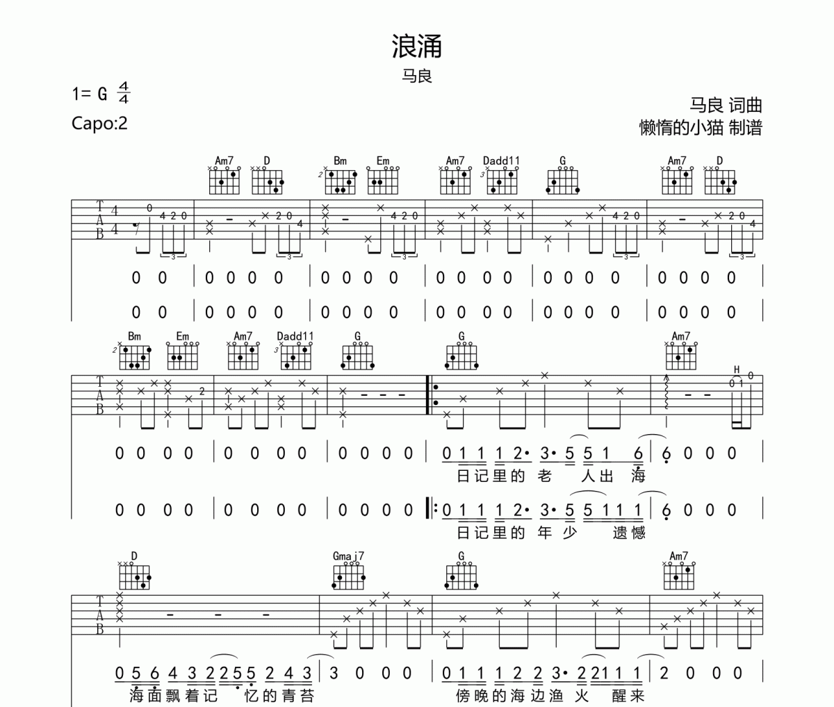 浪涌吉他譜 馬良-浪涌六線譜G調(diào)