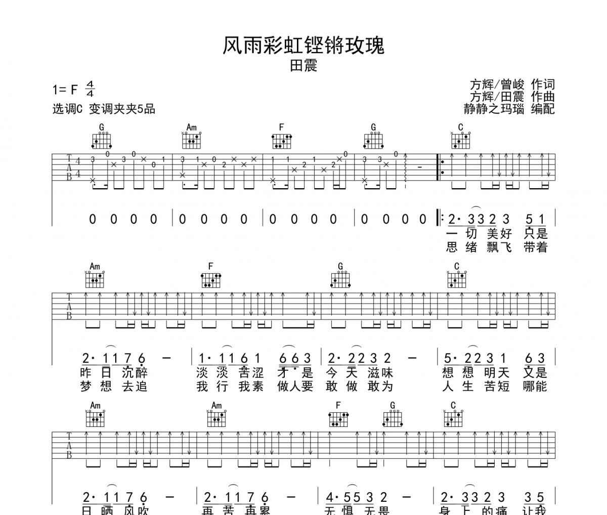 田震-風雨彩虹鏗鏘玫瑰吉他譜六線譜