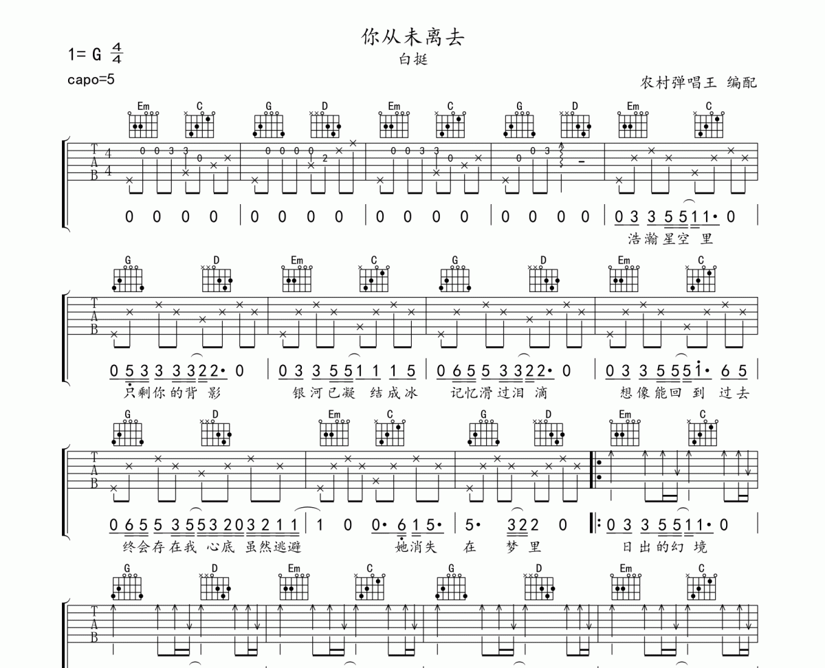 白挺《你從未離去》吉他譜六線譜