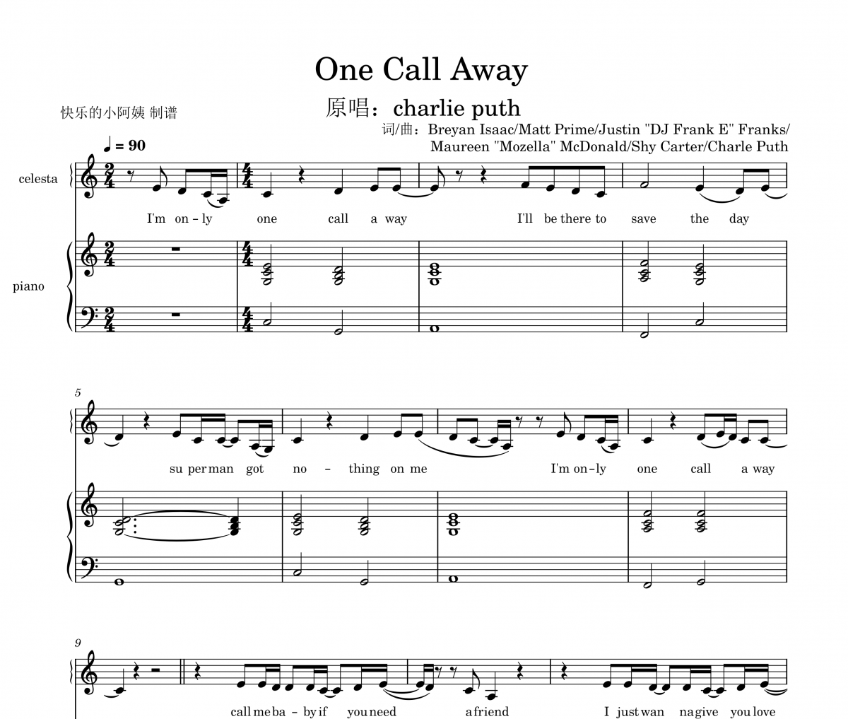 One Call Away鋼琴譜 charlie puth-One Call Away五線譜
