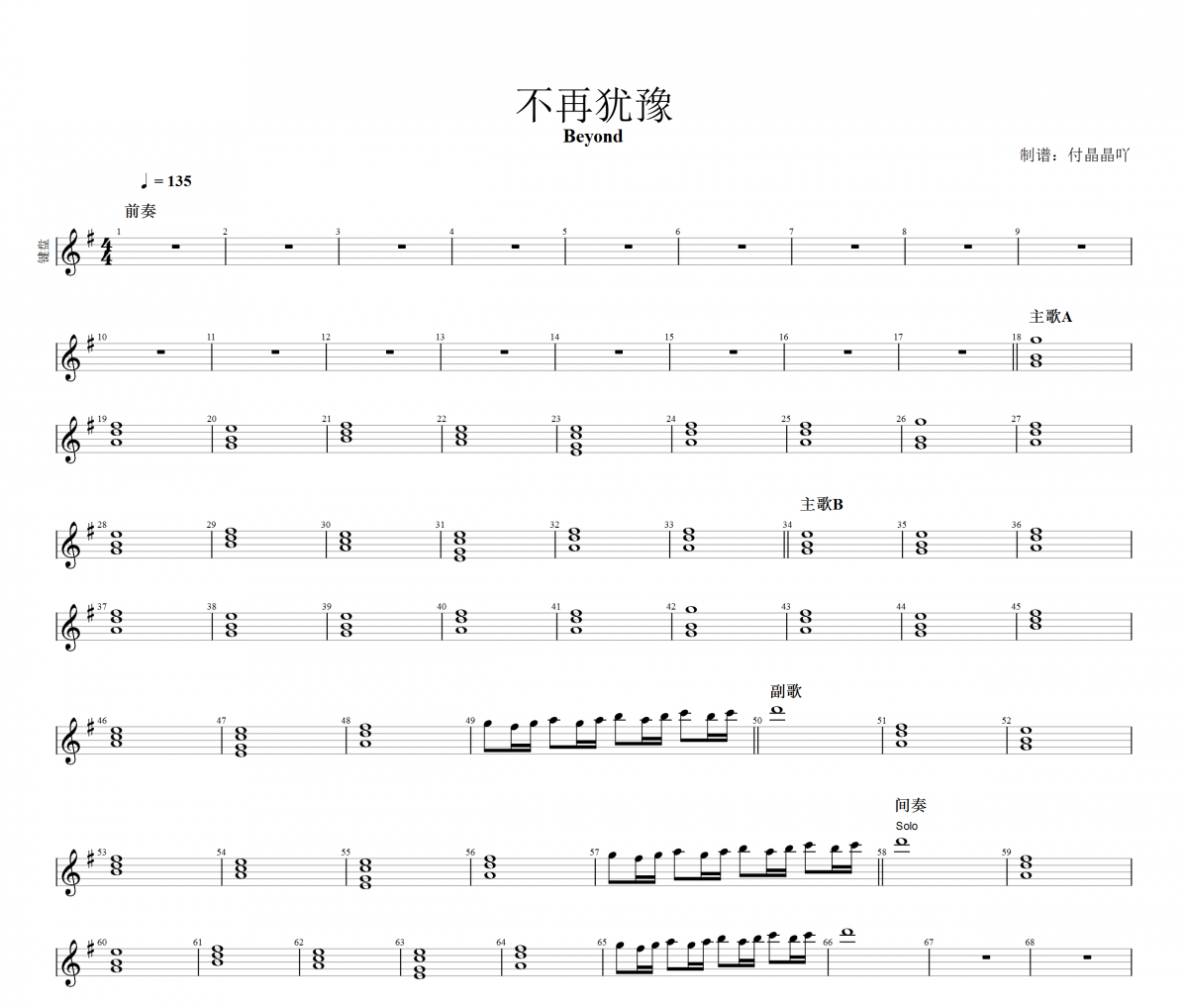 Beyond樂(lè)隊(duì)-不再猶豫鍵盤(pán)譜鋼琴譜