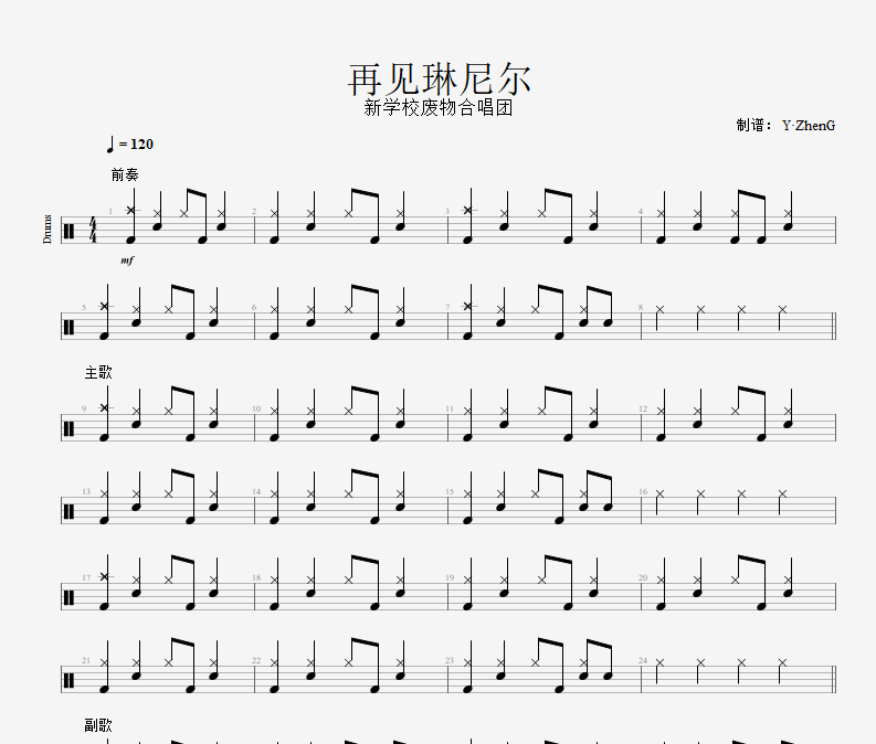 新學校廢物合唱團-再見琳尼爾架子鼓譜爵士鼓曲譜