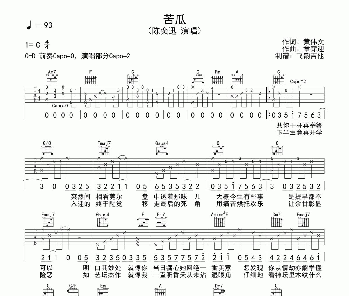 苦瓜吉他譜 陳奕迅-苦瓜六線譜C調