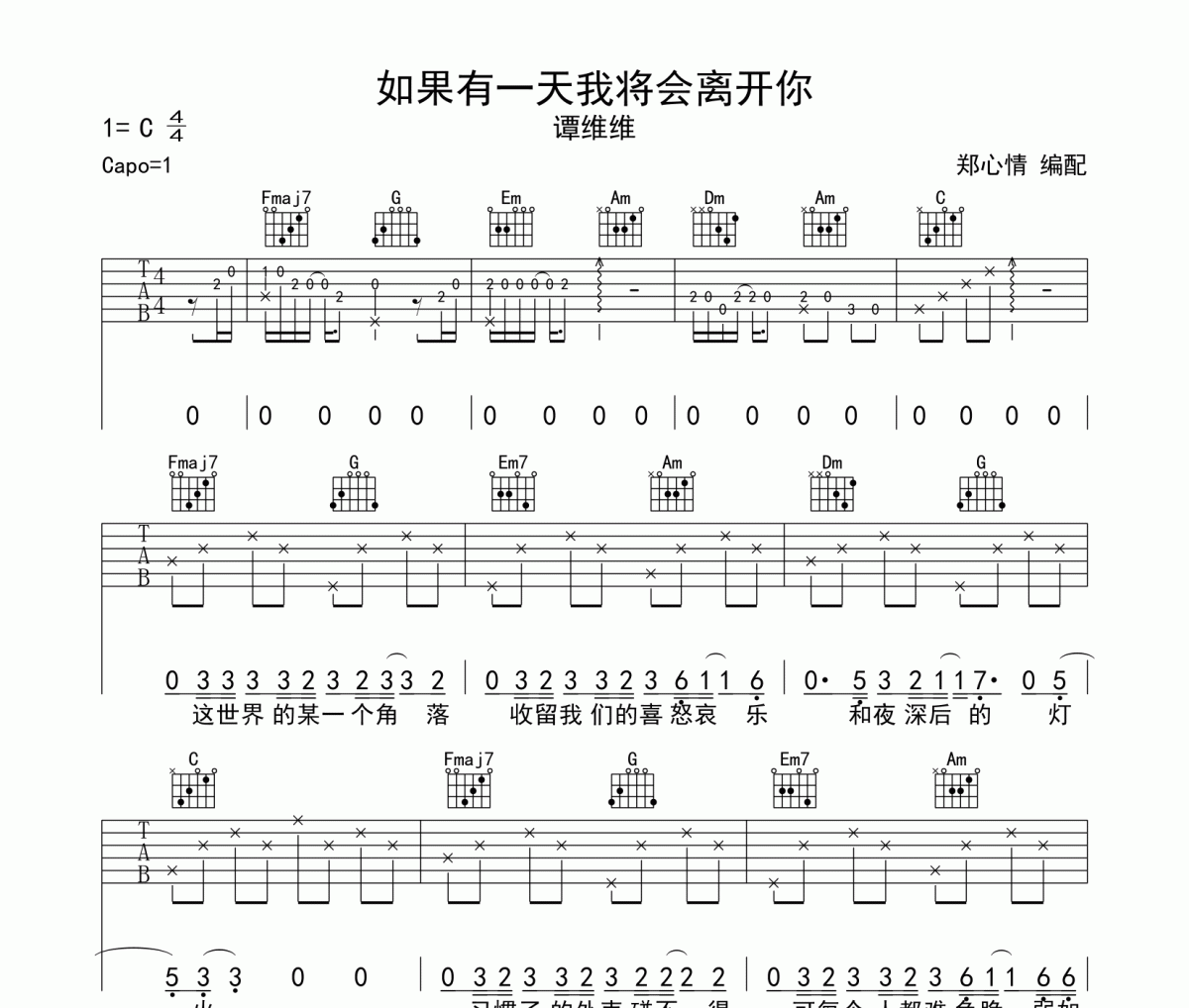 如果有一天我將會離開你吉他譜 譚維維C調高清譜