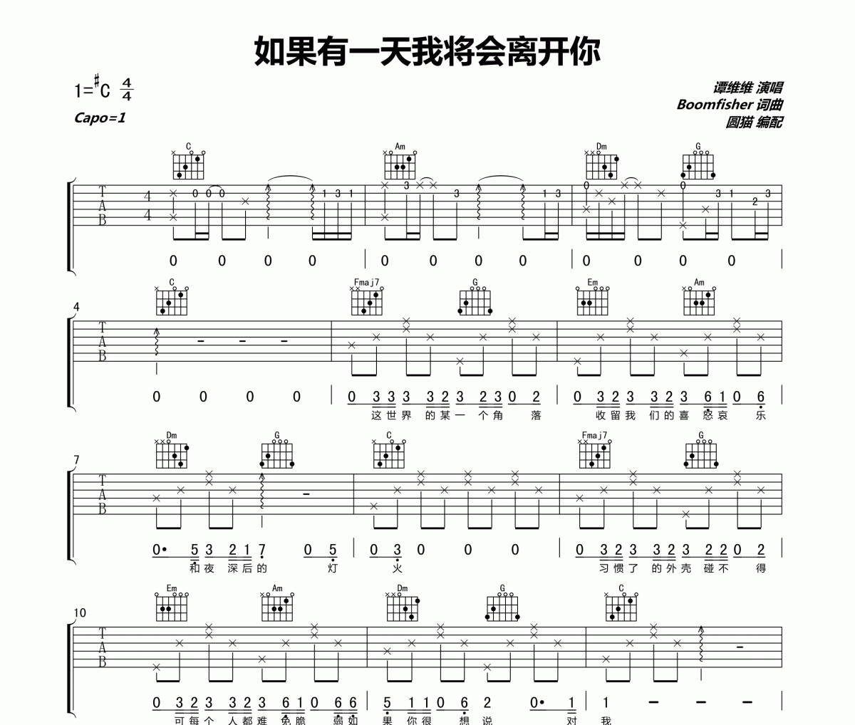 譚維維-如果有一天我將會離開你（原版）吉他譜六線譜