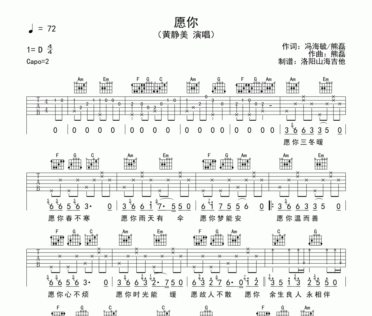黃靜美《愿你》吉他譜六線譜C調