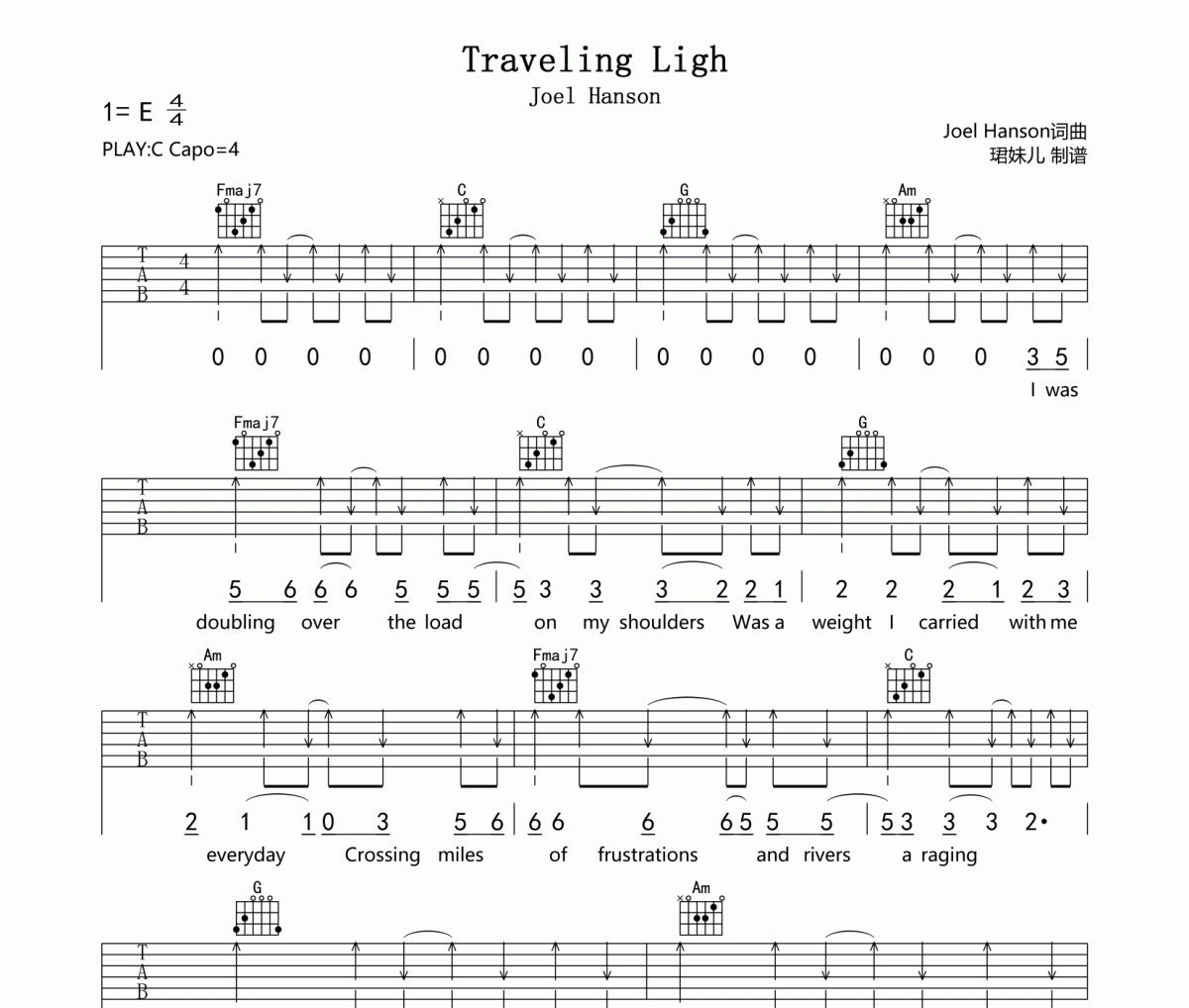Traveling Light吉他譜 Joel Hanson-Traveling Light六線譜