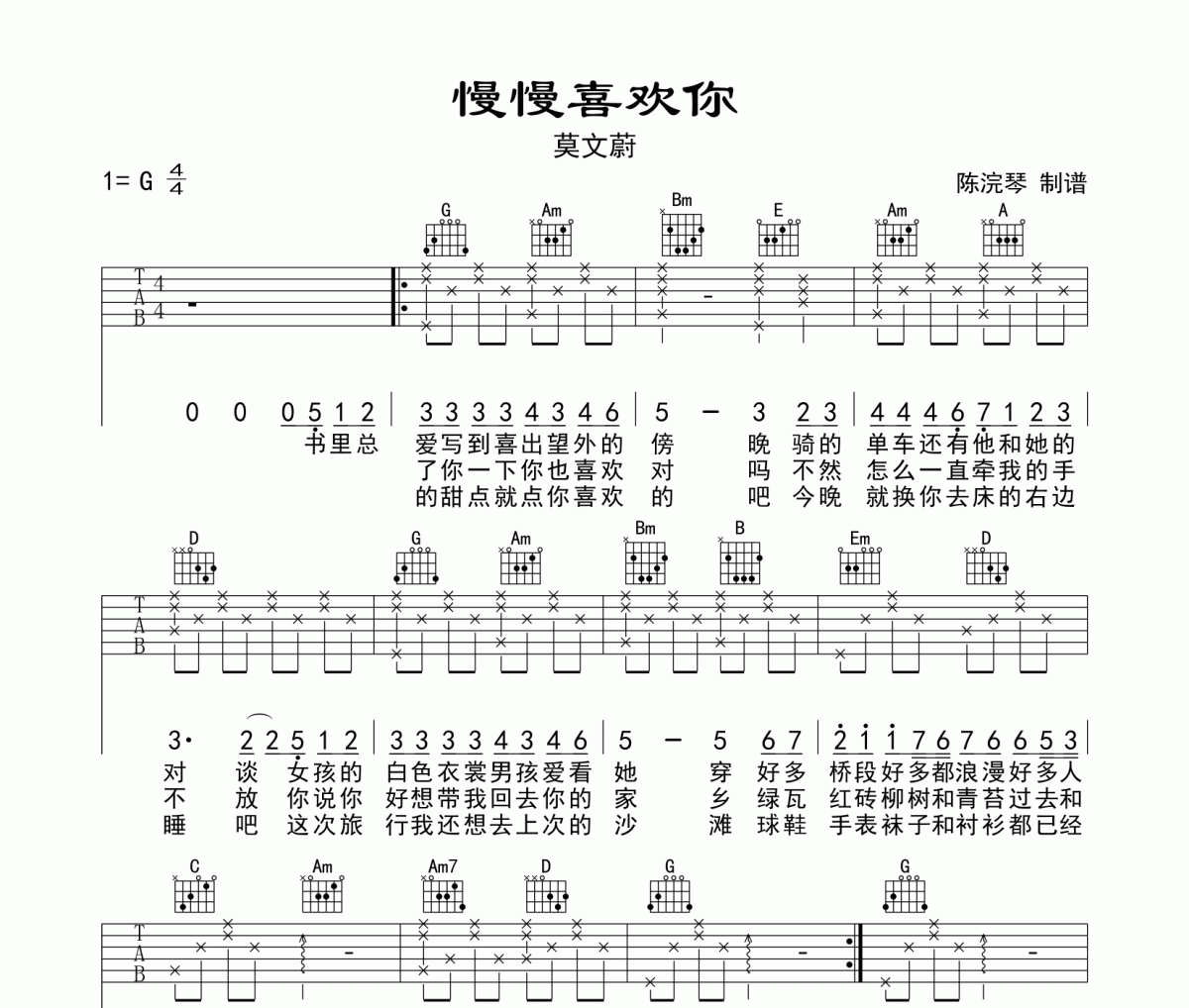 慢慢喜歡你吉他譜 莫文蔚-慢慢喜歡你六線譜G調