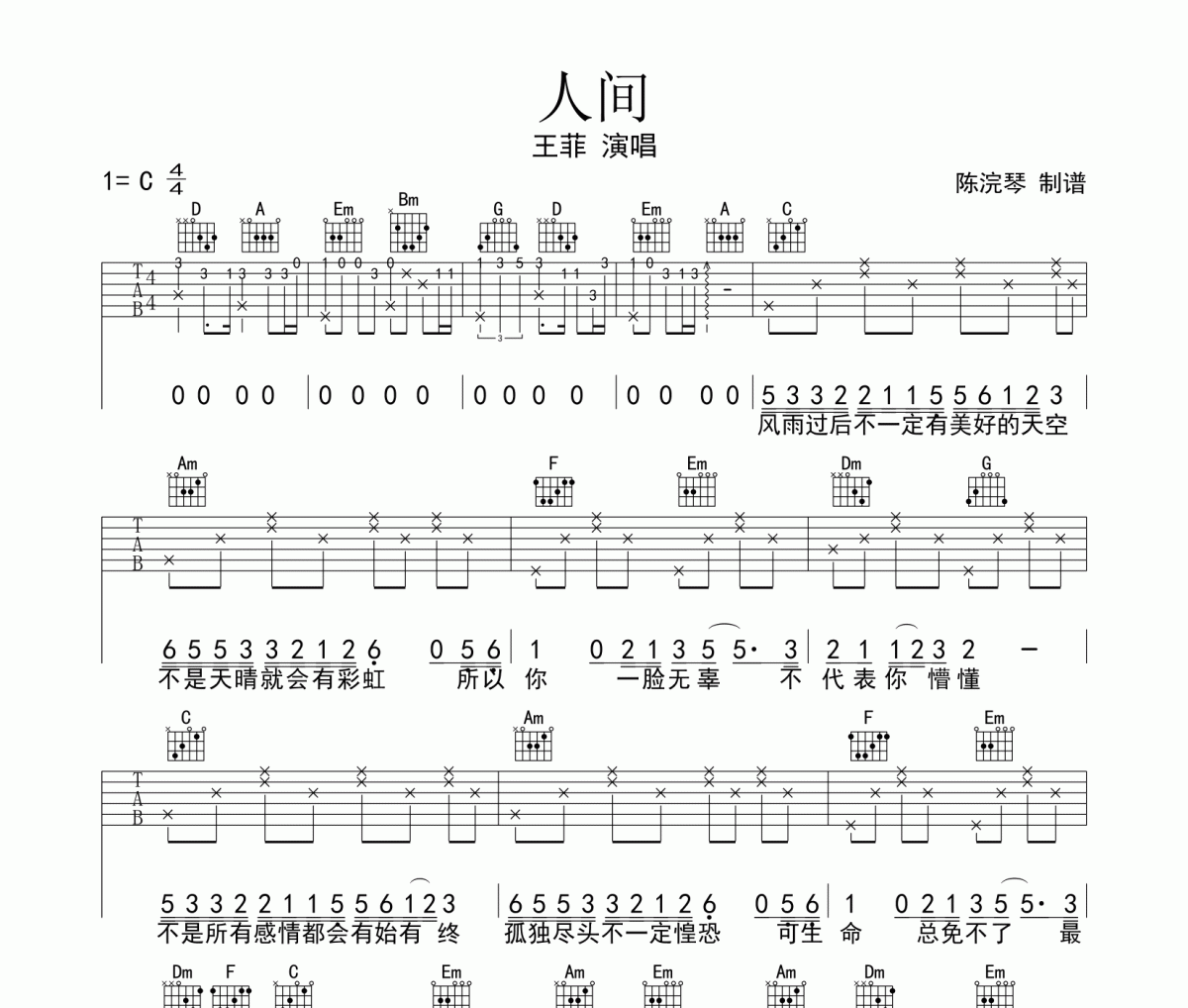 人間吉他譜 王菲-人間六線譜C調(diào)