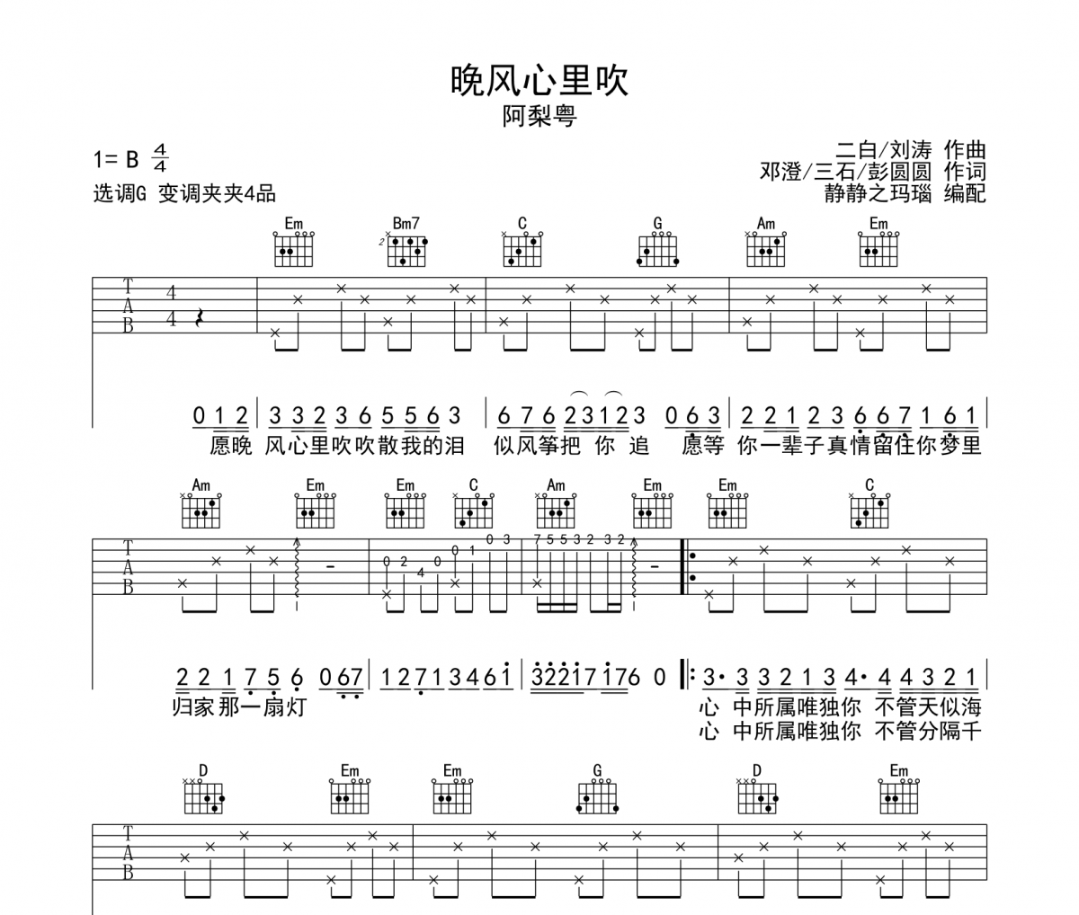 阿梨粵-晚風心里吹吉他譜六線譜