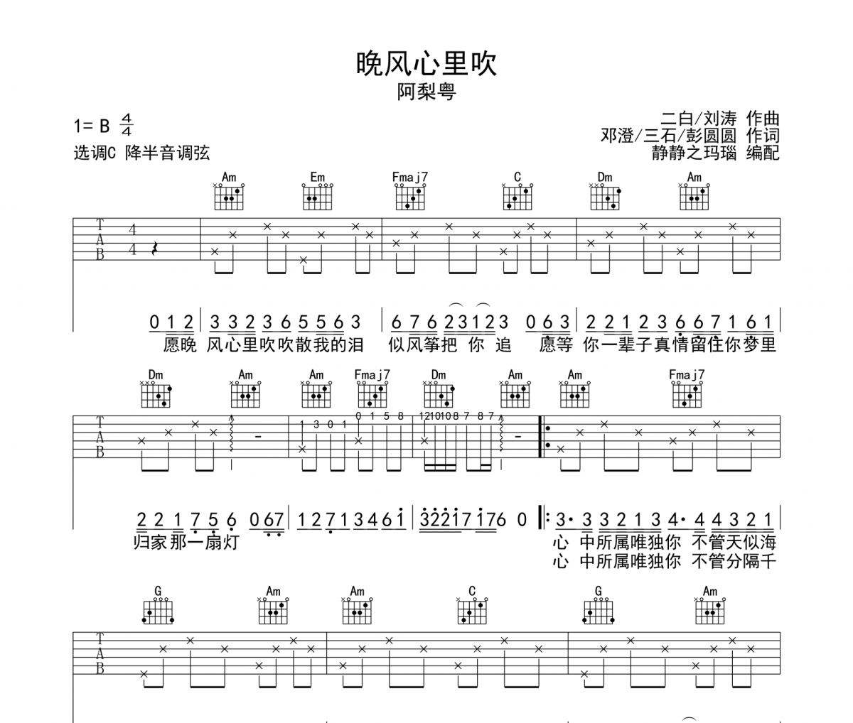 晚風(fēng)心里吹吉他譜 阿梨粵-晚風(fēng)心里吹C調(diào)彈唱譜